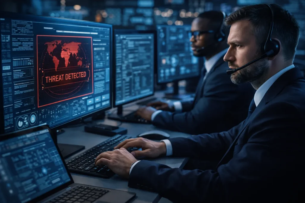 Men detecting threats on a computer