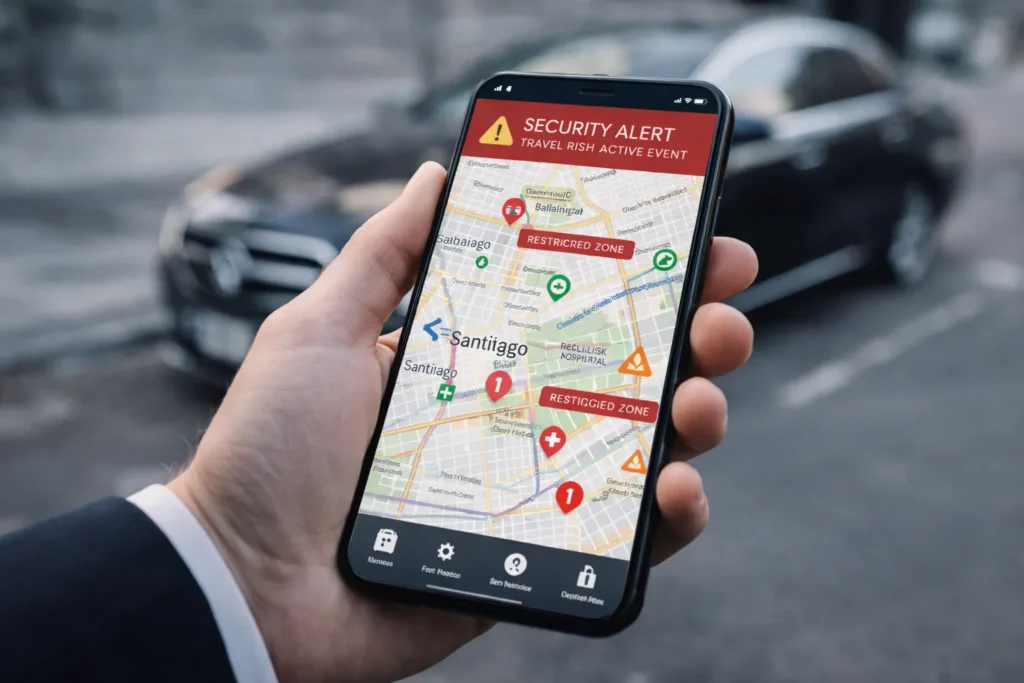 Phone with a map indicating high threat level area